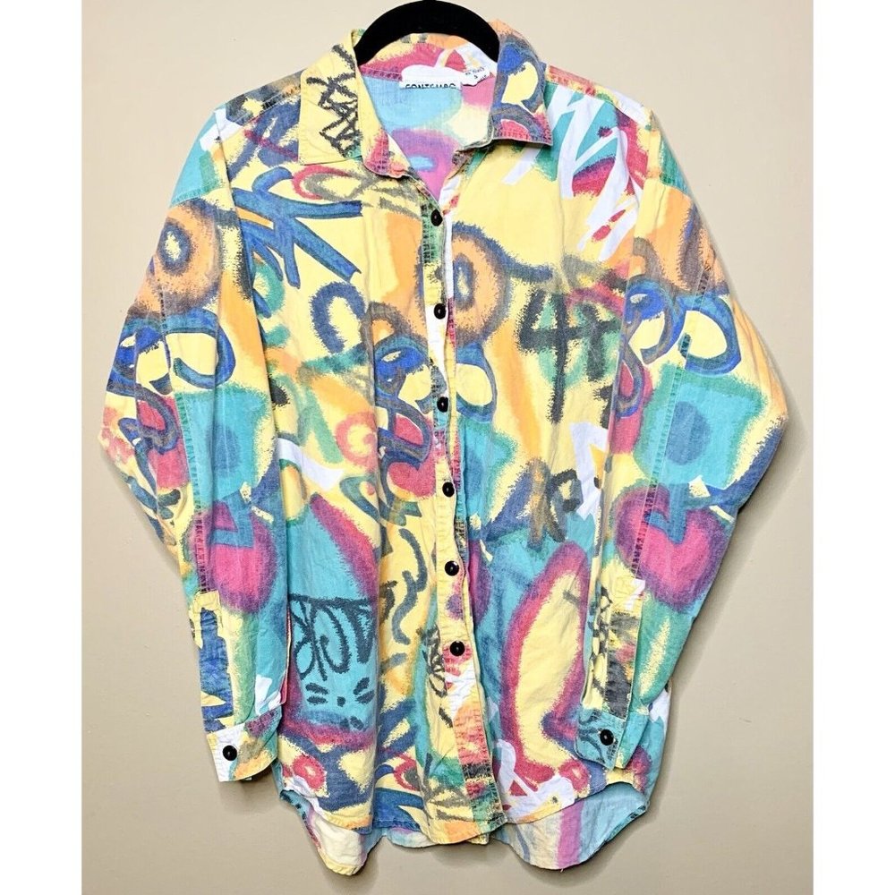 Vintage Men’s Button Up Neon Graffiti Print 1980’s 22” Pit To Pit 28” Length